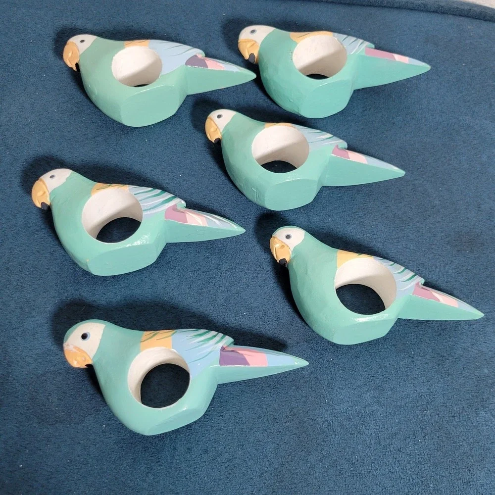 Vtg Wooden Parrot Napkin Rings 6 Pastel Hand Carved Painted Birds Philippines